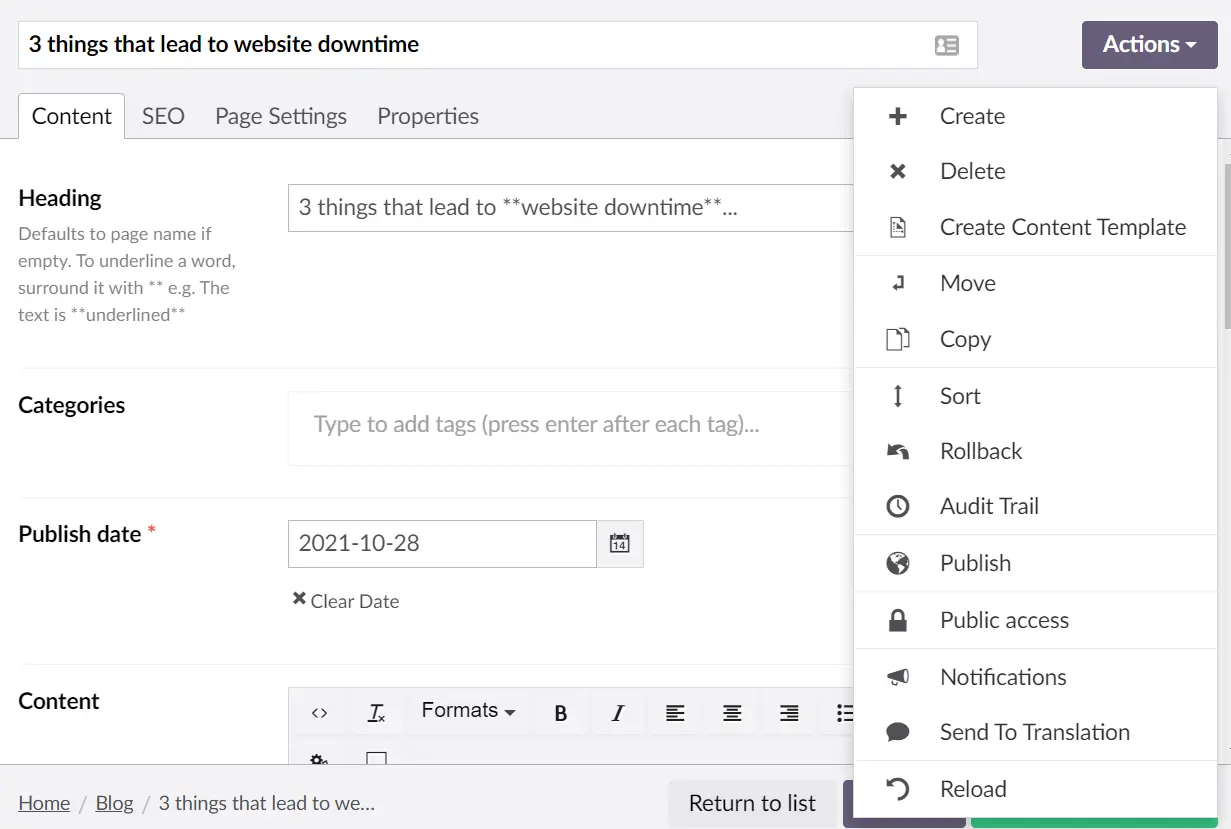 Umbraco CMS actions interface